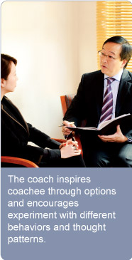 The coach inspires coachee through options and encourages experiment with different behaviors and thought patterns.